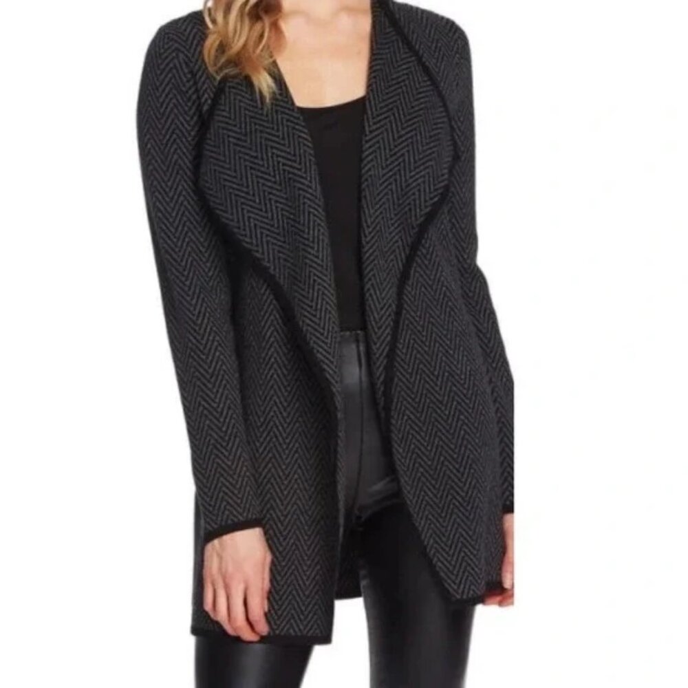 Vince Camuto Open Herringbone Knit Cardigan Sweater Black Gray Size XL